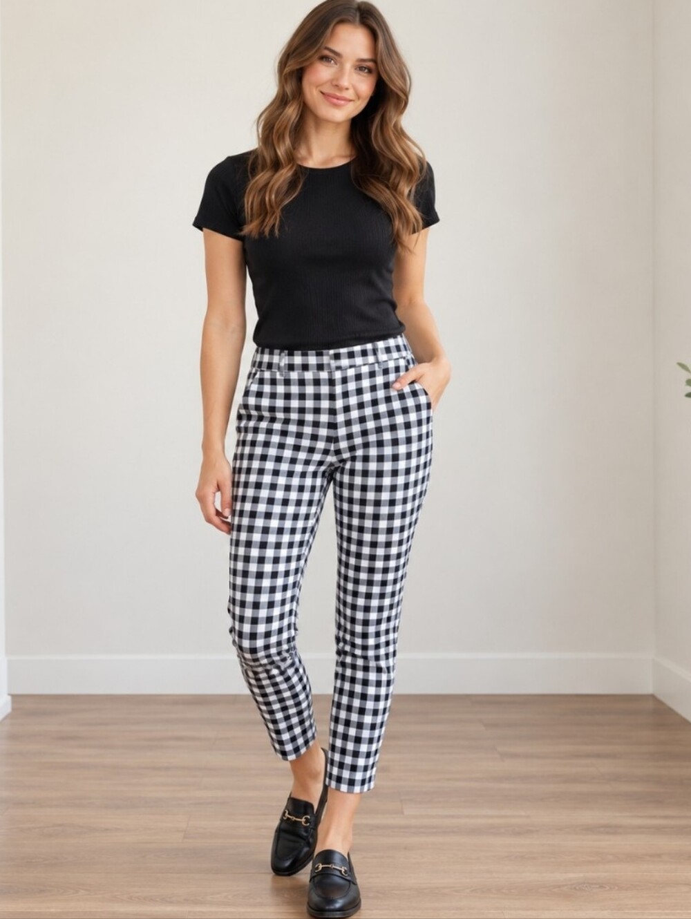Joe Fresh Gingham Ankle Pants XS Black White Pull-On Stretch Preppy